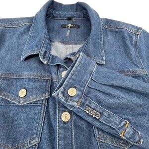 7 For All Mankind Knee Length Denim Button Up Dress Coat Large Blue